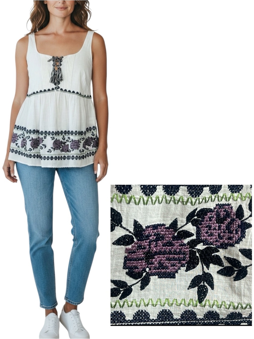 SUNO Boho Embroidered Tank Top Ivory Floral Peplum Blouse Size 10 Cottagecore